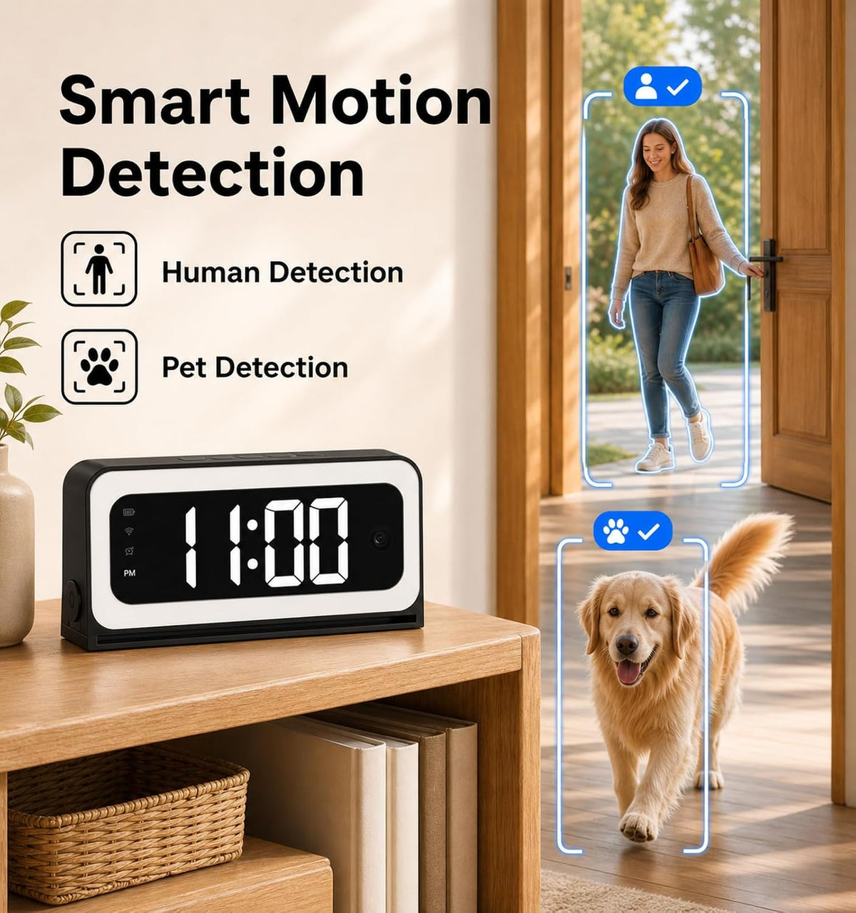 Clock Camera 2K, 5Ghz & 2.4Ghz WiFi Indoor Security Camera with Alarm, Full Colored Night Vision, Smart Motion Detection, Local Storage