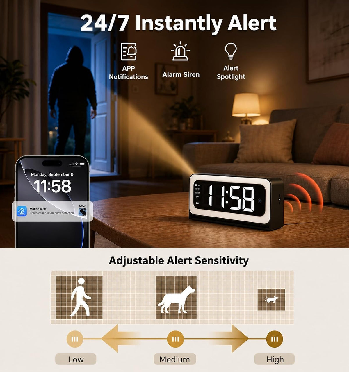 Clock Camera 2K, 5Ghz & 2.4Ghz WiFi Indoor Security Camera with Alarm, Full Colored Night Vision, Smart Motion Detection, Local Storage