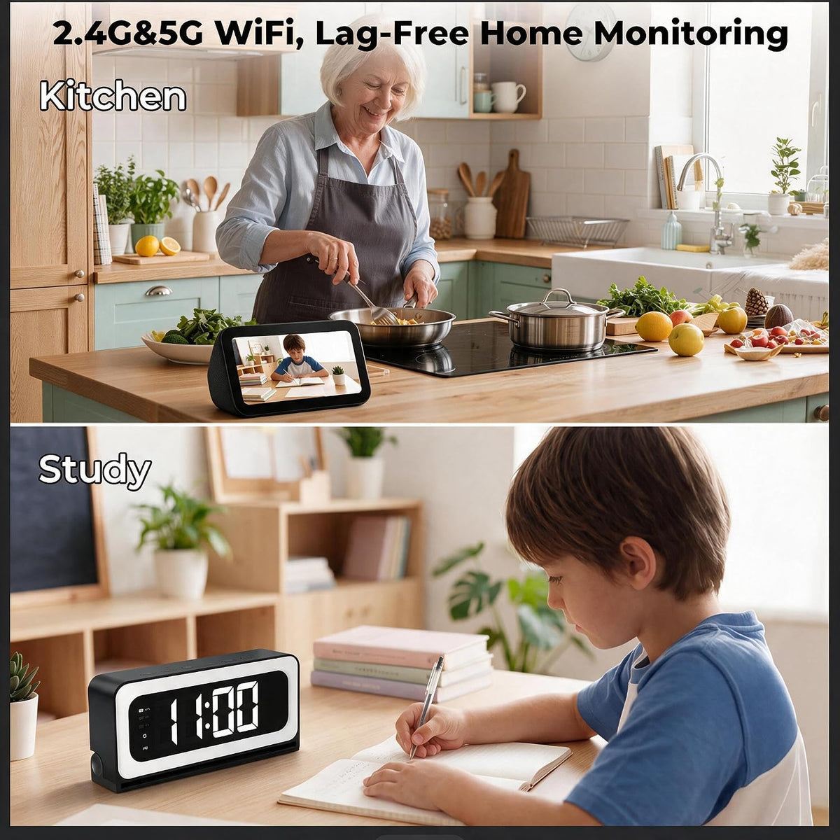 Clock Camera 2K, 5Ghz & 2.4Ghz WiFi Indoor Security Camera with Alarm, Full Colored Night Vision, Smart Motion Detection, Local Storage