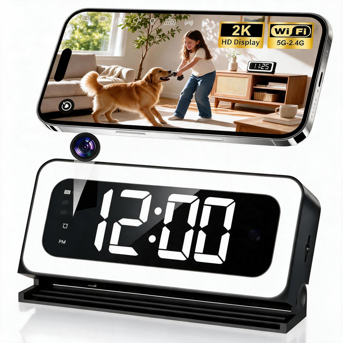 Clock Camera 2K, 5Ghz & 2.4Ghz WiFi Indoor Security Camera with Alarm, Full Colored Night Vision, Smart Motion Detection, Local Storage